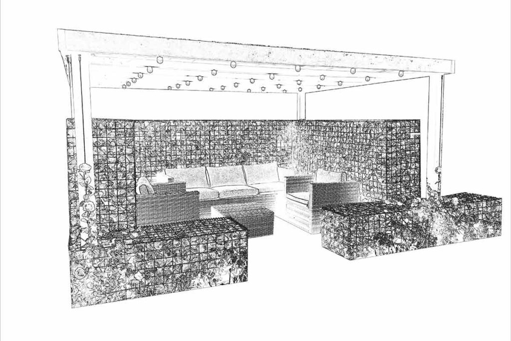 Unique Weathered Metal Pergola with Gabion Sides and Sedum Roof from 3A Steelworks